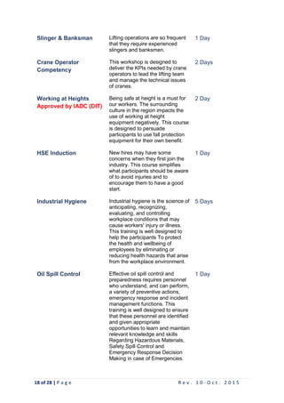 18 of 28 | P a g e R e v . 1 0 - O c t . 2 0 1 5
Slinger & Banksman Lifting operations are so frequent
that they require experienced
slingers and banksmen.
1 Day
Crane Operator
Competency
This workshop is designed to
deliver the KPIs needed by crane
operators to lead the lifting team
and manage the technical issues
of cranes.
2 Days
Working at Heights
Approved by IADC (DIT)
Being safe at height is a must for
our workers. The surrounding
culture in the region impacts the
use of working at height
equipment negatively. This course
is designed to persuade
participants to use fall protection
equipment for their own benefit.
2 Day
HSE Induction New hires may have some
concerns when they first join the
industry. This course simplifies
what participants should be aware
of to avoid injuries and to
encourage them to have a good
start.
1 Day
Industrial Hygiene Industrial hygiene is the science of
anticipating, recognizing,
evaluating, and controlling
workplace conditions that may
cause workers' injury or illness.
This training is well designed to
help the participants To protect
the health and wellbeing of
employees by eliminating or
reducing health hazards that arise
from the workplace environment.
5 Days
Oil Spill Control Effective oil spill control and
preparedness requires personnel
who understand, and can perform,
a variety of preventive actions,
emergency response and incident
management functions. This
training is well designed to ensure
that these personnel are identified
and given appropriate
opportunities to learn and maintain
relevant knowledge and skills
Regarding Hazardous Materials,
Safety Spill Control and
Emergency Response Decision
Making in case of Emergencies.
1 Day
 