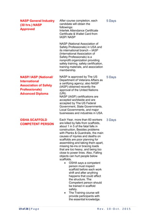 19 of 28 | P a g e R e v . 1 0 - O c t . 2 0 1 5
NASP General Industry
(30 hrs.) NASP
Approved
After course completion, each
candidate will obtain the
followings:
Intertek Attendance Certificate
Certificate & Wallet Card from
IASP/ NASP
5 Days
NASP/ IASP (National/
International
Association of Safety
Professionals)
Advanced Diploma
NASP (National Association of
Safety Professionals) in USA and
its international branch – IASP
(International Association of
Safety Professionals) is a
nonprofit organization providing
safety training, safety certification,
training materials, and association
membership.
NASP is approved by The US
Department of Veterans Affairs as
a certifying agency; also NASP
(IASP) obtained recently the
approval of the United Nations
(UN).
NASP (IASP) certifications are
accepted worldwide and are
accepted by The US Federal
Government, State Governments,
Local Governments, and major
businesses and industries in USA.
5 Days
OSHA SCAFFOLD
COMPETENT PERSON
Each Year, more than 60 workers
are killed by falls from scaffolds,
about 1 in 5 of the fatal falls in
construction, Besides problems
with Planks & Guardrails, the main
causes of injuries and deaths on
scaffolds are poor planning for
assembling and taking them apart,
missing tie-ins or bracing loads
that are too heavy, and being too
close to power lines. Also, Falling
objects can hurt people below
scaffolds.
 OSHA says a competent
person must inspect
scaffold before each work
shift and after anything
happens that could affect
the structure. The
Competent person should
be trained in scaffold
safety.
 The Training course will
provide participants with
the essential knowledge.
3 Days
 