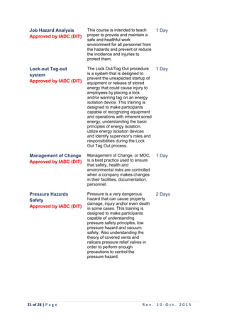 21 of 28 | P a g e R e v . 1 0 - O c t . 2 0 1 5
Job Hazard Analysis
Approved by IADC (DIT)
This course is intended to teach
proper to provide and maintain a
safe and healthful work
environment for all personnel from
the hazards and prevent or reduce
the incidence and injuries to
protect them.
1 Day
Lock-out Tag-out
system
Approved by IADC (DIT)
The Lock Out/Tag Out procedure
is a system that is designed to
prevent the unexpected startup of
equipment or release of stored
energy that could cause injury to
employees by placing a lock
and/or warning tag on an energy
isolation device. This training is
designed to make participants
capable of recognizing equipment
and operations with inherent sored
energy, understanding the basic
principles of energy isolation,
utilize energy isolation devices
and identify supervisor’s roles and
responsibilities during the Lock
Out Tag Out process.
1 Day
Management of Change
Approved by IADC (DIT)
Management of Change, or MOC,
is a best practice used to ensure
that safety, health and
environmental risks are controlled
when a company makes changes
in their facilities, documentation,
personnel.
1 Day
Pressure Hazards
Safety
Approved by IADC (DIT)
Pressure is a very dangerous
hazard that can cause property
damage, injury and/or even death
in some cases. This training is
designed to make participants
capable of understanding
pressure safety principles, low
pressure hazard and vacuum
safety. Also understanding the
theory of covered vents and
railcars pressure relief valves in
order to perform enough
precautions to control the
pressure hazard.
2 Days
 