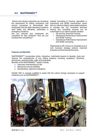28 of 28 | P a g e R e v . 1 0 - O c t . 2 0 1 5
4.2 WellTRAINED™
Clients and industry authorities are increasing
the requirement for drilling contractors and
service companies to demonstrate their
employees have the skills necessary to perform
work safely and efficiently, particularly in
emergency situations.
Are you assured your employees are
competent for their positions? How are you
tracking their competency?
Intertek Consulting & Training, specialists in
productivity and QHSE improvement, works
with our clients to deliver value-added solutions
to manage risk. Our innovative technical
training and consulting services can be
customized to our client’s specific situation.
• Oil and Gas Technical Training
• Operational Performance Improvement
and QHSE Training
• Operational Performance Improvement
and QHSE Consulting
Organizations with a focus on competency as a
core business strategy achieve improved
business and technical performance.
Features and Benefits
WellTRAINEDTM
incorporates online, interactive, multimedia lessons to develop, track and
improve the competencies of key drilling positions including roustabout, floorhand,
derrickman, assistant driller, driller and toolpusher.
Benefits of the WellTRAINEDTM
system include:
 Improved understanding of role
 Self-paced ensures flexibility
 Standardized, objective evaluations
Intertek C&T is uniquely qualified to assist with the culture change necessary to support
initiatives such as WellTRAINED™.
 