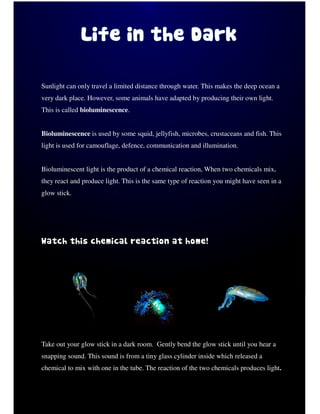 Sunlight can only travel a limited distance through water. This makes the deep ocean a
very dark place. However, some animals have adapted by producing their own light.
This is called bioluminescence.
Bioluminescence is used by some squid, jellyfish, microbes, crustaceans and fish. This
light is used for camouflage, defence, communication and illumination.
Bioluminescent light is the product of a chemical reaction, When two chemicals mix,
they react and produce light. This is the same type of reaction you might have seen in a
glow stick.
Take out your glow stick in a dark room. Gently bend the glow stick until you hear a
snapping sound. This sound is from a tiny glass cylinder inside which released a
chemical to mix with one in the tube. The reaction of the two chemicals produces light.
 