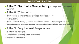 D I G I T A L I N D I A
 Pillar 7. Electronics Manufacturing - Target NET ZERO IMPORTS
by 2020
 Pillar 8. IT for Jobs
 Train people in smaller towns & villages for IT sector jobs
 IT/ITES in NE
 Train Service Delivery Agents to run viable businesses delivering IT services
 Telecom service providers to train rural workforce to cater to their own needs
 Pillar 9. Early Harvest Programmes
 platform for messages
 Government Greetings to be e-Greetings
 Biometric attendance
 