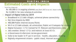 D I G I T A L I N D I A
Estimated Costs and Impacts
 Overall Costs of Digital India
~ Rs 100,000 Cr in ongoing schemes (only DeitY, DOT & not incl. those in other line Ministries)
~ Rs 13,000 Cr for new schemes & activities
 Impact of Digital India by 2019
 Broadband in 2.5 lakh villages, universal phone connectivity
 Net Zero Imports by 2020
 400,000 Public Internet Access Points
 Wi-fi in 2.5 lakh schools, all universities; Public wi-fi hotspots for citizens
 Digital Inclusion: 1.7 Cr trained for IT, Telecom and Electronics Jobs
 Job creation: Direct 1.7 Cr. and Indirect at least 8.5 Cr.
 e-Governance & eServices: Across government
 India to be leader in IT use in services – health, education, banking
 Digitally empowered citizens – public cloud, internet access
 