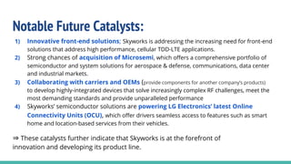 Notable Future Catalysts:
1) Innovative front-end solutions; Skyworks is addressing the increasing need for front-end
solutions that address high performance, cellular TDD-LTE applications.
2) Strong chances of acquisition of Microsemi, which offers a comprehensive portfolio of
semiconductor and system solutions for aerospace & defense, communications, data center
and industrial markets.
3) Collaborating with carriers and OEMs (provide components for another company’s products)
to develop highly-integrated devices that solve increasingly complex RF challenges, meet the
most demanding standards and provide unparalleled performance
4) Skyworks’ semiconductor solutions are powering LG Electronics’ latest Online
Connectivity Units (OCU), which offer drivers seamless access to features such as smart
home and location-based services from their vehicles.
⇒ These catalysts further indicate that Skyworks is at the forefront of
innovation and developing its product line.
 