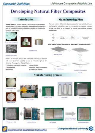Introduction Manufacturing Plan
Developing Natural Fiber Composites
Manufacturing process
There is an increasing demand from automotive companies for materials
with sound abatement capability as well as reduced weight for fuel
efficiency. The properties of lyocell fibers are
 Competitive mechanical properties
 Biodegradable
Renewable
Natural fibers are currently used as a reinforcement in thermoplastic
resinous matrix. Due to eco-friendly and biodegradable characteristics,
they are considered as strong candidates to replace the conventional
glass and carbon fibers.
Viscose staple Lyocell fibers
Fibrillated Lyocell fibers
Lyocell Filaments
 Lower density
 Reduced energy consumption
Excellent wet strength
< For making uniform distribution of fibers used a mold with grooves >
The main problem of this kinds of composites is the incompatibility between
the hydrophilic natural fibers and the hydrophobic thermoplastic matrices.
So the main focus of our research to improve the interfacial adhesion
between then.
Polypropylene ( PP)
Maleic Anhydride
Extruded PP rods
Twin-screw extruder
Lyocell fibers Grooved Mold
PP rods laid in Mold Hot press machine Two prepregs Final composite panel
PP
MA
Mixing
manually
Melt in
Twin-
extruder
Compression
molding
Mold with grooves Prepreg
Compression molding of two
prepregs
Final composite panel
Combine two prepregs
& compression molding
 