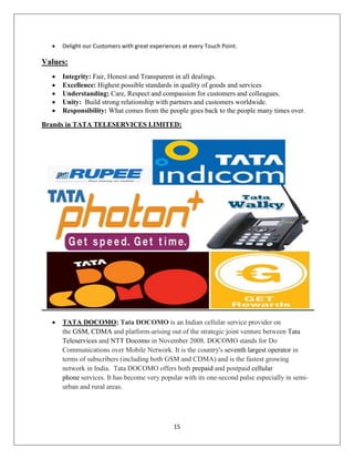 15
 Delight our Customers with great experiences at every Touch Point.
Values:
 Integrity: Fair, Honest and Transparent in all dealings.
 Excellence: Highest possible standards in quality of goods and services
 Understanding: Care, Respect and compassion for customers and colleagues.
 Unity: Build strong relationship with partners and customers worldwide.
 Responsibility: What comes from the people goes back to the people many times over.
Brands in TATA TELESERVICES LIMITED:
 TATA DOCOMO: Tata DOCOMO is an Indian cellular service provider on
the GSM, CDMA and platform-arising out of the strategic joint venture between Tata
Teleservices and NTT Docomo in November 2008. DOCOMO stands for Do
Communications over Mobile Network. It is the country's seventh largest operator in
terms of subscribers (including both GSM and CDMA) and is the fastest growing
network in India. Tata DOCOMO offers both prepaid and postpaid cellular
phone services. It has become very popular with its one-second pulse especially in semi-
urban and rural areas.
 
