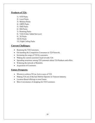 24
Products of T24:
1) STD Packs
2) Local Packs
3) Minutes Packs
4) GRPS Packs
5) SMS Packs
6) ISD Packs
7) Roaming Packs
8) VAS (Value Added Services)
9) 2G Packs
10) 3G Packs
11) Night Calling Packs
Current Challenges:
 Retaining the T24 Customers.
 On boarding the Competitors Consumers to T24 Network.
 Increasing the usage of T24 by customers.
 Making the current customers loyal towards T24.
 Spreading awareness among T24 customers about T24 Products and offers.
 Widening the network of Retailers.
 Acquisition of Customers.
Future Prospects:
 Mission to achieve 50 Lac Active users of T24.
 Making T24 one of the best Mobile Operator in Telecom Industry.
 Location Based offerings in near Future.
 More Convenience of shopping for T24 Customers.
 