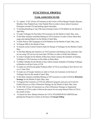 28
FUNCTIONAL PROFILE
TASK ASSIGNED TO ME
 To capture V.O.C (Voice of Customer) in the Circles of West Bengal, Punjab, Haryana,
Mumbai, Uttar Pradesh East, Uttar Pradesh West in order to know about Customers
Perception towards T24 and making reports thereafter.
 To do Benchmarking in Top 5 Revenue Earning Circles of T24 Mobile for the Month of
April May.
 To make Verbiages for Pan India T24 Customers for the Month of April, May, June.
 To Do Data Analytics and Data Mining on T24 Customers in order to know about their
usage and making Reports for the Month of April May.
 To Edit/ Renew Old Campaigns on SAS Platform for the Month of April, May, June.
 To Prepare MIS in the Month of June.
 To Search out the Current Trend in India for Design of Verbiages for the Month of April,
May.
 To Do Data Mining and Analytics on T24 Customers and finding out the customers who
are not using T24 services for more than 150 Days in order to forfeit their Balance.
 To make Calendar for the Month of May/June which contains the Schedule of Sending
Verbiages to T24 Customers in Pan India on Daily Basis.
 To Make Calendar for the Month of June which contains Schedule of Sending Verbiages
to Retailers in all the Circles of T24.
 To make use of SAS and update Products/offers of T24 as according to New Service Tax
w.e.f 1 June 2016.
 To make use of Google Analytics in order to Track our Customers on the basis of
Verbiages Sent for the month of April, May.
 To Do Data Analytics and Data Mining on T24 Customers in order to Perform Retention
Strategy for the Month of April, May, June.
 To Segment the Customers of T24 into different Categories and carry out Count for
Further Process as a Part of Retention Strategy for the Month of April, May, June.
 To Do VOC (Voice of Customers) as a Part of Retention Strategy on Segmented
Customers of T24 in order to find out the reason for not using Internet Packs of T24 in
the month of June.
 To Search for New Alliance Partners for TATA TELESERVICES LIMITED and
pitching the Prospective Clients on the basis of Concept Selling.
 