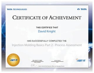 David Knight
Injection Molding Basics Part 2 - Process Assessment
IGI-326121-5065 6/23/2016
 