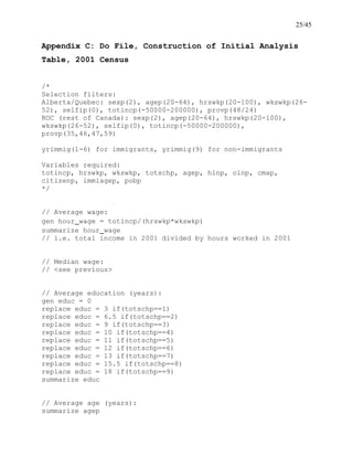 25/45
Appendix C: Do File, Construction of Initial Analysis
Table, 2001 Census
/*
Selection filters:
Alberta/Quebec: sexp(2), agep(20-64), hrswkp(20-100), wkswkp(26-
52), selfip(0), totincp(-50000-200000), provp(48/24)
ROC (rest of Canada): sexp(2), agep(20-64), hrswkp(20-100),
wkswkp(26-52), selfip(0), totincp(-50000-200000),
provp(35,46,47,59)
yrimmig(1-6) for immigrants, yrimmig(9) for non-immigrants
Variables required:
totincp, hrswkp, wkswkp, totschp, agep, hlnp, olnp, cmap,
citizenp, immiagep, pobp
*/
// Average wage:
gen hour_wage = totincp/(hrswkp*wkswkp)
summarize hour_wage
// i.e. total income in 2001 divided by hours worked in 2001
// Median wage:
// <see previous>
// Average education (years):
gen educ = 0
replace educ = 3 if(totschp==1)
replace educ = 6.5 if(totschp==2)
replace educ = 9 if(totschp==3)
replace educ = 10 if(totschp==4)
replace educ = 11 if(totschp==5)
replace educ = 12 if(totschp==6)
replace educ = 13 if(totschp==7)
replace educ = 15.5 if(totschp==8)
replace educ = 18 if(totschp==9)
summarize educ
// Average age (years):
summarize agep
 