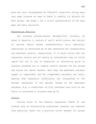 8/45
boom but also foreshadowed by Alberta’s relatively strong mean
real wage increase as seen in Table 1: exactly 5.6 dollars for
both groups. See Graph 1 for a visual representation of the wage
gaps and their evolution.
Regression Results
The standard Blinder-Oaxaca decomposition contains, as
shown in Equation 1, vectors βB
and βI
which contain the returns
to various labour market characteristics (e.g. education,
experience) as determined by an OLS regression for Canadian-born
and immigrant workers, respectively. It is worth noting that the
regression results are not merely an intermediate step of little
import but are in and of themselves an interesting point of
analysis allowing one to compare returns amongst the two groups
and across the labour markets. Note that the dependant variable
(wage) is logarithmic and the independent variables are level,
meaning that regression coefficients are interpreted as the
decimal expression of the percent change in the dependent
variable. E.g. a coefficient of 0.05 indicates each unit of the
factor is estimated to increase wage by 5%.
Alberta
Turning first to the Alberta regression (Table 3) and
looking only at statistically significant results, one observes
that education (educ) has a positive return amongst all groups
 