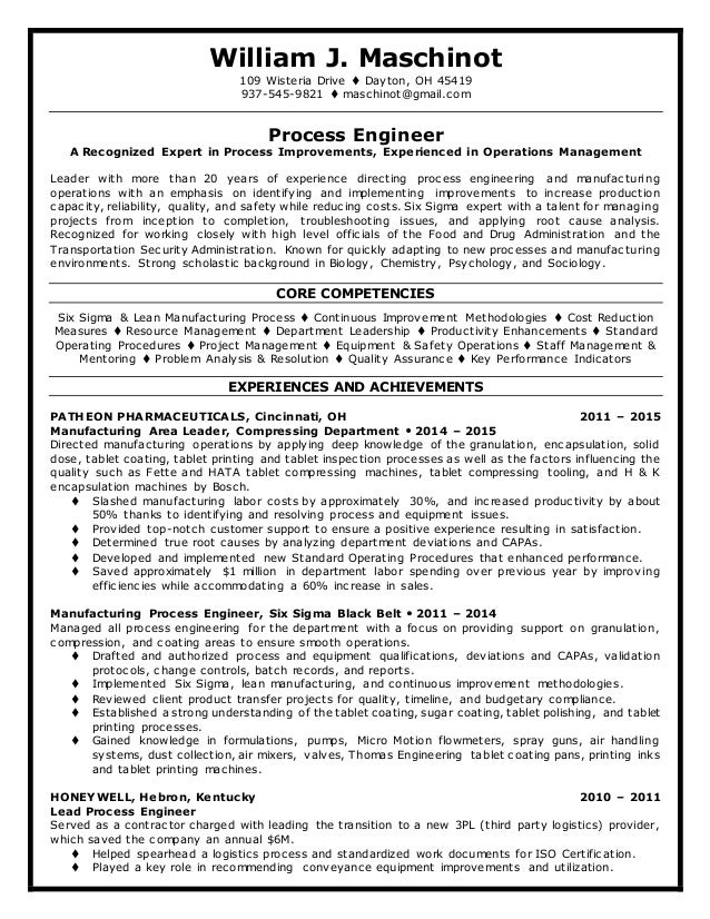 william maschinot resume process engineer process engineer resumes