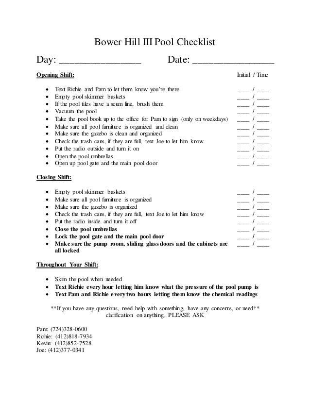 Bower Hill III Pool Checklist