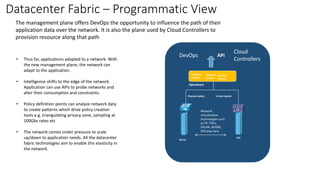 Datacenter Fabric – Programmatic View
The management plane offers DevOps the opportunity to influence the path of their
application data over the network. It is also the plane used by Cloud Controllers to
provision resource along that path
• Thus far, applications adapted to a network. With
the new management plane, the network can
adapt to the application.
• Intelligence shifts to the edge of the network.
Application can use APIs to probe networks and
alter their consumption and constraints.
• Policy definition points can analyze network data
to create patterns which drive policy creation
tools e.g. triangulating privacy zone, sampling at
100Gbs rates etc
• The network comes under pressure to scale
up/down to application needs. All the datacenter
fabric technologies aim to enable this elasticity in
the network.
Physical Switch
OpenStack
Virtual Switch
Server
VM
Compute
Service
Storage
Service
API
Network
Service
DevOps
Cloud
Controllers
Network
virtualization
technologies such
as FP, TRILL,
VXLAN, NVGRE,
SPB play here
 