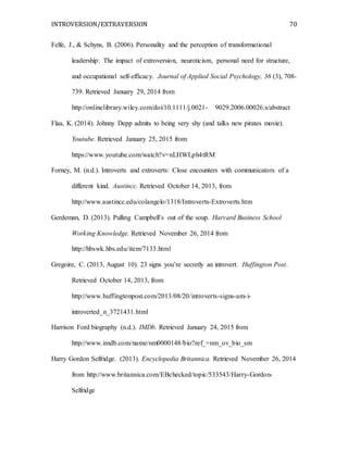INTROVERSION/EXTRAVERSION 70
Felfe, J., & Schyns, B. (2006). Personality and the perception of transformational
leadership: The impact of extroversion, neuroticism, personal need for structure,
and occupational self-efficacy. Journal of Applied Social Psychology, 36 (3), 708-
739. Retrieved January 29, 2014 from
http://onlinelibrary.wiley.com/doi/10.1111/j.0021- 9029.2006.00026.x/abstract
Flaa, K. (2014). Johnny Depp admits to being very shy (and talks new pirates movie).
Youtube. Retrieved January 25, 2015 from
https://www.youtube.com/watch?v=nLHWLph4tRM
Forney, M. (n.d.). Introverts and extroverts: Close encounters with communicators of a
different kind. Austincc. Retrieved October 14, 2013, from
http://www.austincc.edu/colangelo/1318/Introverts-Extroverts.htm
Gerdeman, D. (2013). Pulling Campbell’s out of the soup. Harvard Business School
Working Knowledge. Retrieved November 26, 2014 from
http://hbswk.hbs.edu/item/7133.html
Gregoire, C. (2013, August 10). 23 signs you’re secretly an introvert. Huffington Post.
Retrieved October 14, 2013, from
http://www.huffingtonpost.com/2013/08/20/introverts-signs-am-i-
introverted_n_3721431.html
Harrison Ford biography (n.d.). IMDb. Retrieved January 24, 2015 from
http://www.imdb.com/name/nm0000148/bio?ref_=nm_ov_bio_sm
Harry Gordon Selfridge. (2013). Encyclopedia Britannica. Retrieved November 26, 2014
from http://www.britannica.com/EBchecked/topic/533543/Harry-Gordon-
Selfridge
 