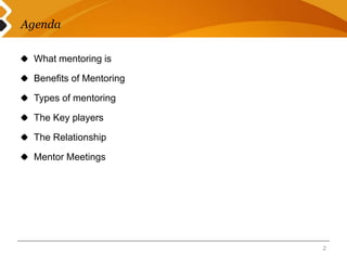 Agenda 
2 
What mentoring is 
Benefits of Mentoring 
Types of mentoring 
The Key players 
The Relationship 
Mentor Meetings 
 