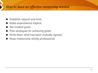 How to have an effective mentoring session 
Establish rapport and trust. 
Make expectations explicit. 
Set modest goals. 
Plan strategies for achieving goals 
Write down what has been mutually agreed. 
Keep relationship strictly professional. 
30 
 