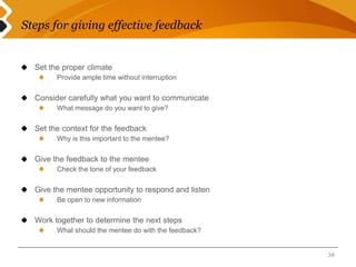 Steps for giving effective feedback 
Set the proper climate 
Provide ample time without interruption 
Consider carefully what you want to communicate 
What message do you want to give? 
Set the context for the feedback 
Why is this important to the mentee? 
Give the feedback to the mentee 
Check the tone of your feedback 
Give the mentee opportunity to respond and listen 
Be open to new information 
Work together to determine the next steps 
What should the mentee do with the feedback? 
34 
 