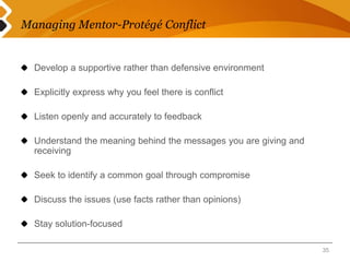 Managing Mentor-Protégé Conflict 
Develop a supportive rather than defensive environment 
Explicitly express why you feel there is conflict 
Listen openly and accurately to feedback 
Understand the meaning behind the messages you are giving and 
receiving 
Seek to identify a common goal through compromise 
Discuss the issues (use facts rather than opinions) 
Stay solution-focused 
35 
 