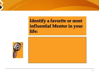 5 
Identify a favorite or most 
influential Mentor in your 
life: 
 
