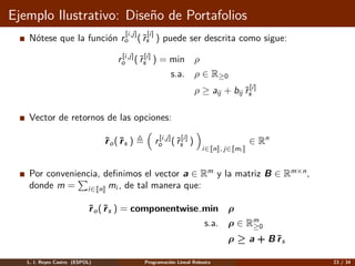 Ejemplo Ilustrativo: Dise˜no de Portafolios
N´otese que la funci´on r
[i,j]
o (˜r
[i]
s ) puede ser descrita como sigue:
r[i,j]
o (˜r[i]
s ) = min ρ
s.a. ρ ∈ R≥0
ρ ≥ aij + bij ˜r[i]
s
Vector de retornos de las opciones:
˜ro(˜rs ) r[i,j]
o (˜r[i]
s )
i∈ n , j∈ mi
∈ Rn
Por conveniencia, deﬁnimos el vector a ∈ Rm
y la matriz B ∈ Rm×n
,
donde m = i∈ n mi , de tal manera que:
˜ro(˜rs ) = componentwise min ρ
s.a. ρ ∈ Rm
≥0
ρ ≥ a + B ˜rs
L. I. Reyes Castro (ESPOL) Programaci´on Lineal Robusta 23 / 34
 