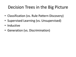 Decision Trees in the Big Picture
• Classification (vs. Rule Pattern Discovery)
• Supervised Learning (vs. Unsupervised)
• Inductive
• Generation (vs. Discrimination)
 