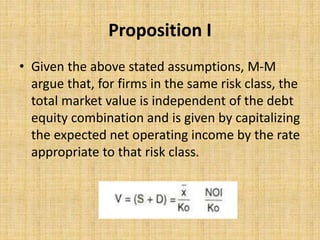 Proposition I
• Given the above stated assumptions, M-M
argue that, for firms in the same risk class, the
total market value is independent of the debt
equity combination and is given by capitalizing
the expected net operating income by the rate
appropriate to that risk class.
 