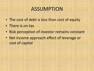 ASSUMPTION
• The cost of debt is less than cost of equity
• There is on tax
• Risk perception of investor remains constant
• Net income approach effect of leverage or
cost of capital
 