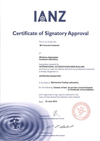 IANZ Signatory Certificate