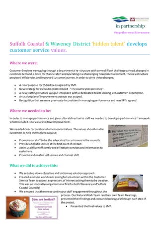 #togetherweachievemore
Suffolk Coastal & Waveney District ‘hidden talent’ develops
customer service values.
Where we were:
CustomerServiceswere goingthroughadepartmental re-structure withsome difficultchallengesahead;changesin
customerdemand,adrive forchannel shiftandoperatingina challengingfinancialenvironment.The new structure
proposedefficiencies andimprovedcustomerjourney.Inordertodrive these changes;
 A clearpurpose forCS had beenagreed bySMT.
 NewstrategyforCS has beendeveloped –“The JourneytoExcellence”.
 A newstaffingstructure wasputintoplace with a dedicated team looking at Customer Experience.
 An actionplanof improvementprojects wasscoped.
 Recognitionthatwe were previouslyinconsistentinmanagingperformance andnew KPI’sagreed.
Where we needed to be:
In orderto manage performance andgive cultural directionto staff we neededtodevelopaperformance framework
whichincludedclearvaluestodrive improvement.
We neededclearcorporate customerservice values. The valuesshouldenable
customerstohelpthemselves butalso;
 Promote ourstaff to be the advocatesforcustomersinthe councils.
 Provide aholisticservice atthe firstpointof contact.
 Assistus deliverefficientlyandeffectivelyservicesandinformationto
customers.
 Promote andenable self service andchannel shift.
What we did to achieve this:
 We seta top downobjective andbottomupsolutionapproach.
 Createda natural workteam,askingfor volunteerswithinthe Customer
Service Teamtosubmitexpressionsof interestaskingthemtobe creative.
Thiswas an innovative organisational first forbothWaveneyandSuffolk
Coastal Councils!
 We ensuredthatthere wascontinuousstaff engagementthroughoutthe
process.OurNatural Work Team ran theirownTeamMeetings,
presentedtheirfindingsandconsultedcolleaguesthrougheachstepof
the project.
 Presented the final values toSMT.
 