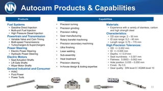 Materials:
• Experience with a variety of stainless, carbon
and high strength steel
Characteristics:
• OD size range: 2 – 50 mm
• ID size range: 0.2 – 40 mm
• Length range: 0.75 – 170 mm
High Precision Tolerances:
• OD: +/- 0.002 mm
• ID: +/- 0.005 mm
• Depths: +/- 0.01mm
• Seat roundness: < 0.001 mm
• Flatness: 0.0003 – 0.002 mm
• Hole position: 0.035 – 0.050 mm
• Finish: Rz 0.5
• Gear quality: DIN level 8 / AGMA level 10
Autocam Products & Capabilities
Fuel Systems
• Gasoline Direct Injection
• Multi-port Fuel Injection
• High Pressure Diesel Injection
Powertrain and Transmission
• Variable Valve and Cam Timing
• Multi-speed Transmissions
• Turbochargers & Superchargers
Power Steering
• Electric Power Steering
• Hydraulic Power Steering
Electric Motors
• Seat Actuation Shafts
• Lift Gate Shafts
• Wiper Motor Shafts
General Industrial and Consumer
• HVAC
• Fluid Power
• Power Tools
13
• Precision turning
• Precision grinding
• Precision milling
• Gear manufacturing
• Rotary transfer machining
• Precision secondary machining
• Ultra finishing
• Laser welding
• Sub-assembly
• Heat treatment
• Precision cleaning
• In-house design & tooling expertise
Products Capabilities
 