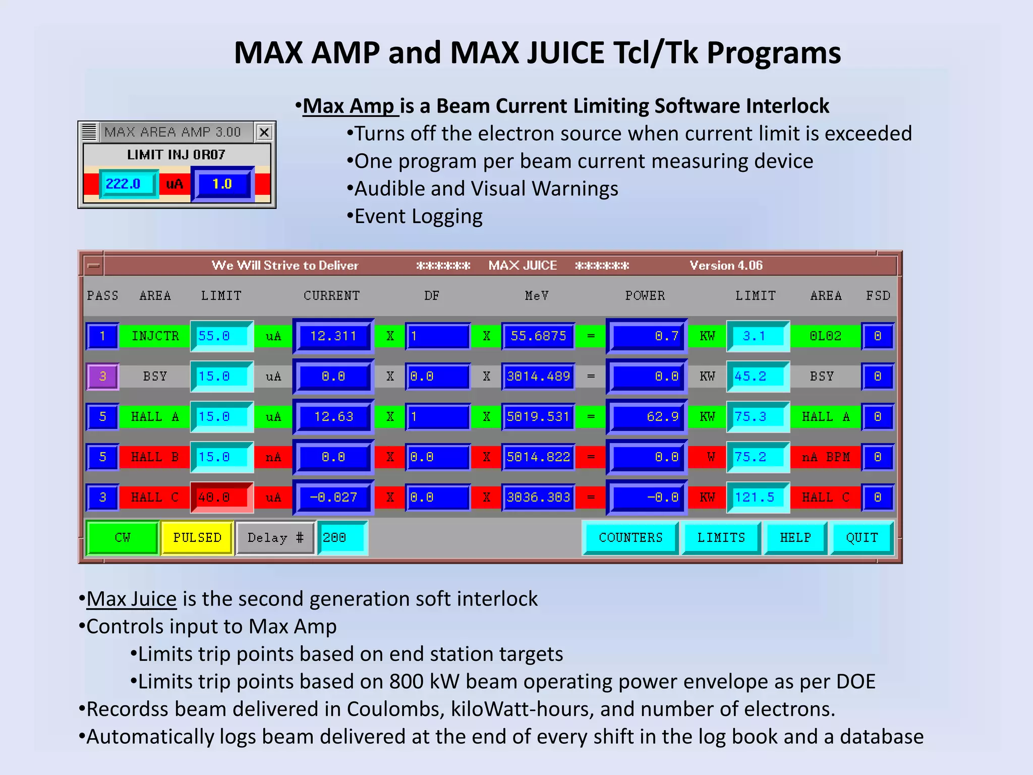 MAX AMP and MAX JUICE Tcl/Tk Programs
•Max Amp is a Beam Current Limiting Software Interlock
•Turns off the electron source when current limit is exceeded
•One program per beam current measuring device
•Audible and Visual Warnings
•Event Logging
•Max Juice is the second generation soft interlock
•Controls input to Max Amp
•Limits trip points based on end station targets
•Limits trip points based on 800 kW beam operating power envelope as per DOE
•Recordss beam delivered in Coulombs, kiloWatt-hours, and number of electrons.
•Automatically logs beam delivered at the end of every shift in the log book and a database
 