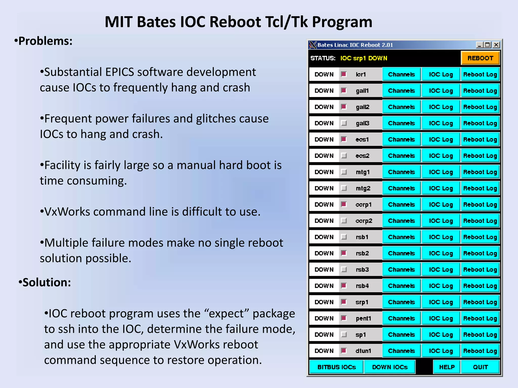 MIT Bates IOC Reboot Tcl/Tk Program
•Problems:
•Substantial EPICS software development
cause IOCs to frequently hang and crash
•Frequent power failures and glitches cause
IOCs to hang and crash.
•Facility is fairly large so a manual hard boot is
time consuming.
•VxWorks command line is difficult to use.
•Multiple failure modes make no single reboot
solution possible.
•Solution:
•IOC reboot program uses the “expect” package
to ssh into the IOC, determine the failure mode,
and use the appropriate VxWorks reboot
command sequence to restore operation.
 