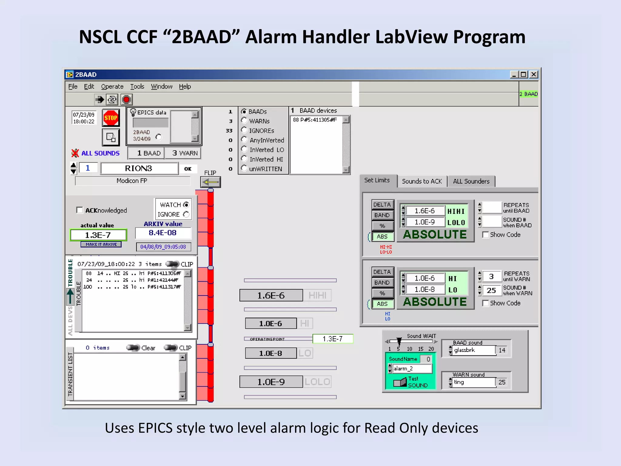 NSCL CCF “2BAAD” Alarm Handler LabView Program
Uses EPICS style two level alarm logic for Read Only devices
 