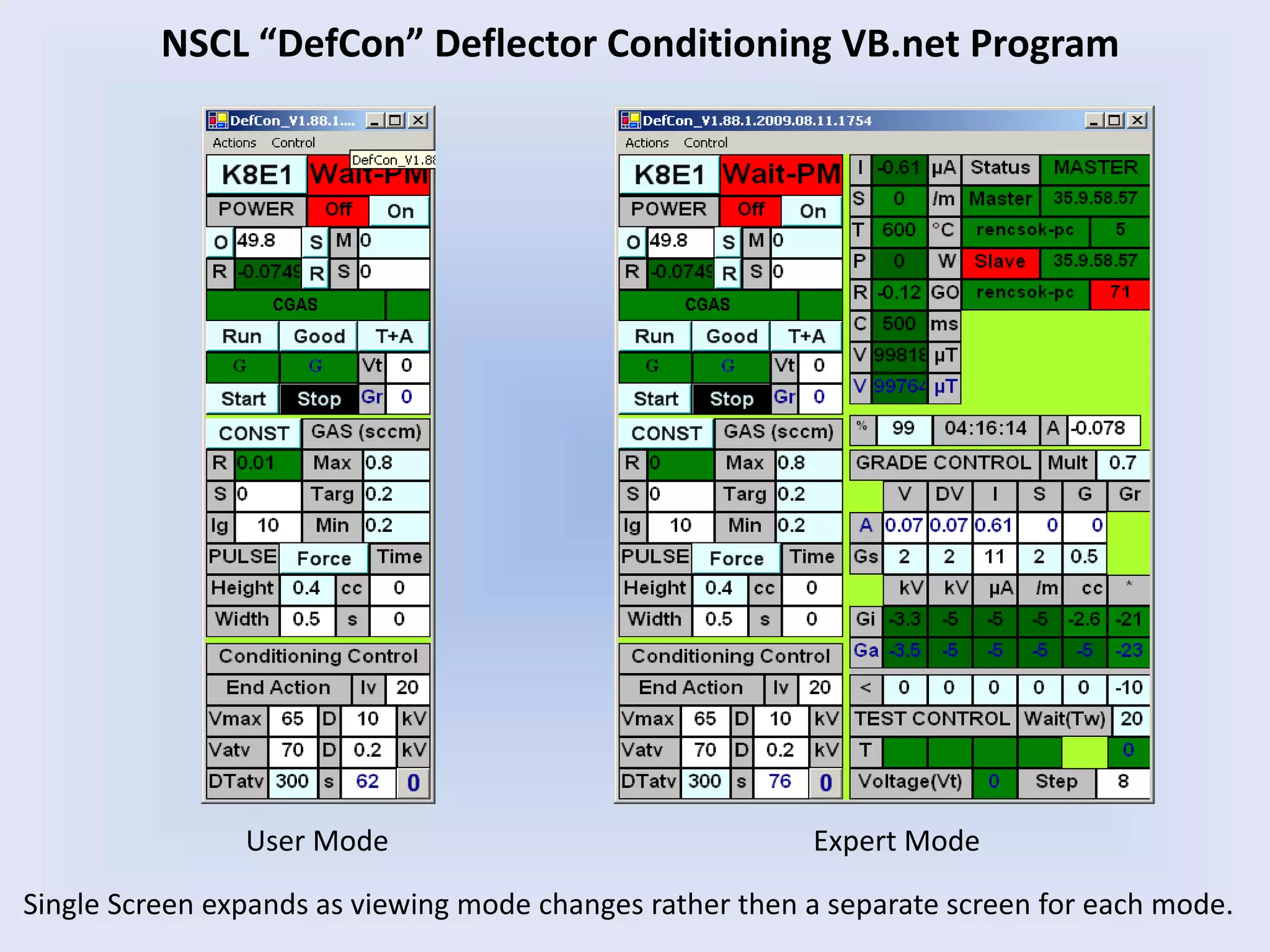 NSCL “DefCon” Deflector Conditioning VB.net Program
User Mode Expert Mode
Single Screen expands as viewing mode changes rather then a separate screen for each mode.
 