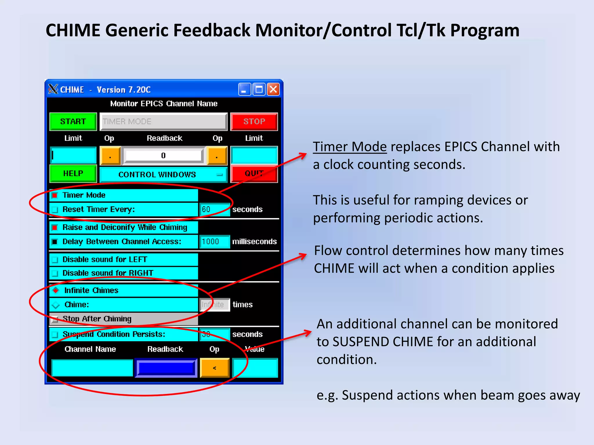 CHIME Generic Feedback Monitor/Control Tcl/Tk Program
Timer Mode replaces EPICS Channel with
a clock counting seconds.
This is useful for ramping devices or
performing periodic actions.
Flow control determines how many times
CHIME will act when a condition applies
An additional channel can be monitored
to SUSPEND CHIME for an additional
condition.
e.g. Suspend actions when beam goes away
 