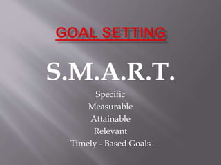S.M.A.R.T.
Specific
Measurable
Attainable
Relevant
Timely - Based Goals
 