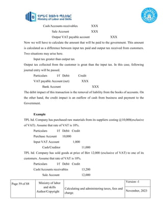 Page 59 of 88 Ministry of labor
and skills
Author/Copyright
Calculating and administering taxes, fees and
charge.
Version -1
November, 2023
Cash/Accounts receivables XXX
Sale Account XXX
Output VAT payable account XXX
Now we will have to calculate the amount that will be paid to the government. This amount
is calculated as a difference between input tax paid and output tax received from customers.
Two situations may arise here.
Input tax greater than output tax
Output tax collected from the customer is great than the input tax. In this case, following
journal entry will be passed.
Particulars l/f Debit Credit
VAT payable Account (net) XXX
Bank Account XXX
The debit impact of this transaction is the removal of liability from the books of accounts. On
the other hand, the credit impact is an outflow of cash from business and payment to the
Government.
Example
TPL ltd. Company has purchased raw materials from its suppliers costing @10,000(exclusive
of VAT). Assume that rate of VAT is 10%.
Particulars l/f Debit Credit
Purchase Account 10,000
Input VAT Account 1,000
Cash/Creditor 11,000
TPL ltd. Company has sold goods at price of Birr 12,000 (exclusive of VAT) to one of its
customers. Assume that rate of VAT is 10%.
Particulars l/f Debit Credit
Cash/Accounts receivables 13,200
Sale Account 12,000
 