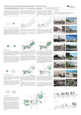 Forming the city through landscaping | Karmen Kase
In the individual research I tried to find the main
influences on the urban form by ownerships and
green areas. For the research I used old historical
maps and searched for information of the owner-
ships. To understand the landform and the aesthet-
ical value of the landscape I used photographic
materials.
The role and character of urban greenery has been
changed within 3 centuries. Due to the changes in
ownerships, the accessibility and unity of the green
areas have changed and therefore it has influ-
enced the uses and views of urban landscape.
The landscaping that are visible and usable today
originate mostly from 19th century, however the
rough weather conditions and new constructions
have destroyed the richness of vegetation. Al-
though, the landscape structure has changed, the
streets and buildings still follow the historical urban
form.
MAIN QUESTIONS
What role did the ownerships play in shaping the urban form?
How has the vegetation influenced the urban landscape in Tallinn?
How much of the historical vegetation has remained?
Fortification -Landscaping out of the city wall
During the 18th century the rules for esplanade
were reduced by the tsarist military authorities and
as a result of that the urban form stated to change.
The concept of fortification was weakening and
some lime trees and the first park outside of the
City Wall were established. The accessibility to the
greenery near the City Wall was increasing for the
citizens.
Private and public
As the city was unlisted from the fortified cities in
1857, it was a step forward for establishing more
parks around the Old Town. In the mid. 19th century
the land was basically divided to privately owned
and public lands. The urban landscape started to
change due to distinct land ownership.
The biggest influence had the privately owned
land around the Old Town as the accessibility to
the land was restricted and at first the aesthetical
value started to rise. The public land that was also
marked as green areas were mostly neglected
meadows. At the end of 19th century the private-
ly owned land was opened for publical use and
some functions were added at some places.
Re-shaping the urban form
At the beginning of 20th century H.Lepp, the first
official urban gardener started to work in Tallinn.
As a result of that all the green areas around the
Old Town were maintained and the land was giv-
en back to municipality.
The urban form was changing fast- the accessibility
and the aesthetics of parks started to rise, however
the green areas became even more fragmented.
During the Soviet Occupation the fragmentation
of green areas got even intensive, however, the
focus on park aesthetics was greater.
Green infrastructure
The accessibility to parks in the city centre is very
high. The vegetation that was rooted in 19th cen-
tury has partially remained in the city landscape
and because of it, it is the municipality’s concern
to preserve the remained historical part of it.
However the unity of bastion belt has been de-
stroyed with the streets and the green areas are
fragmented, they are more blended into the ur-
ban form, diversifying and creating one unity with
the whole city landscape. In addition to preserve
the remained historical greenery, it is also consid-
ered to be part of the green infrastructure. The
connections between green areas are formed by
adding alleys in the streets. The urban landscape
is diverse as the buildings and streets alternate with
the nature.
In 1728 the military authorities in tsarist Russia al-
lowed to plant lime trees on bastions and around
the Old Town for providing shelter from the enemy’s
eye.
The Ingeri bastion as former fortification is now still
forming one of the most unique landscapes in the
city centre of Tallinn.
The Harju hill was at first owned by the local author-
ities, but as there was lack of resources to main-
tain the land it leased out in 1862 to the Estonian’s
Gardening Association. In 1867 Jaani church was
established by the fundraising of the citizens.
Ingeri bastion was too hilly for Estonian’s Gardening
Association’s experiments and the land was given
back to the local authorities in 1881. In 1887 the lo-
cal authorities ordered to build a restaurant with
summer theatre on the Harju hill. The hill was used
as a garden of the restaurant and it was accessible
only with a small fee.
When the New Market place was transferred from
the Old Town in 1896 the surface of the meadow
was reduced. In 1898 a smaller grove was opened
between the Russian and New market place, clos-
ing the circular promenade. The grove had some
paths, but mostly it was neglected and unmain-
tained.
At the beginning of the 20th century Jaani street
was established and as a result of that the one uni-
ty of bastion belt was destroyed. The street was giv-
ing better accessibility around the Old Town and
is now one of the most frequently used streets in
Tallinn.
The New market place was removed behind the
Estonia theatre and in 1948 the Russian market was
transferred to Keskturg. The area was designed by
the horticulturist H.Heinsaar in 1947 as a symmetri-
cal park with regular passages and opened views.
In 1940s-1950 the park was named Stalin’s square.
In 1978 a monument of an Estonian writer
A.H.Tammsaare was placed to the park (arch.R.
Luubi, sculp. J. Soans). The three level vegetation is
not completely remained, but the trees and shrubs
are creating closed visras and giving the city more
greener appearance
After Harju hill was given back to the local author-
ities, it was redesigned as a public park by E.A.Re-
gel. The park had three level vegetation, consisting
of trees of different species, decorative shrubs and
flowers, creating diverse landscape with multiple
views. For today is remained 33 different species.
Viruvärava hill was also privately owned land. In
1897 G.Kuphaldt designed the hill as English gar-
den with decorative plants, a gazebo and stairs
that lead to the regular style garden with a small
parterre and a fountain. The park was opened for
the citizens in 1898. The vegetation of the park has
grown and creates sheltered, romantic place in the
city. For today is remained 33 species, 29 of them
being introduced species.
In 1823 was already created the first park next to
Harju Gate. The park was established by the fund
raising of the wealthier citizens. The park was used
by mothers and children and therefore called the
kindergarten. Some of the old trees have remained
next to Jaani church.
19th Century
End of 19th century
End of 19th century
1898
1895
1901
1931
1947
2014
2014
2014
2014
2014
2014
2014
2014
Beg.
of 19th
century
Beg.
of 19th
century
Mid. 19th century
Mid. 19th
century
End of19th
century
End of19th
century
20th century
20th century
21th century
21th century
6
6
7
7
7
8
8
8
1
1
2
2
3
3
4
4
5
5
6
1
2
3
4 5
2014
20th centuryBeg. of 20th century
Mid. 19th Century
1728 1823
End of 19th Century
 