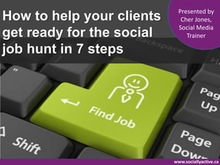 Presented by
How to help your clients      Cher Jones,
                             Social Media
get ready for the social        Trainer

job hunt in 7 steps




                           www.sociallyactive.ca
 