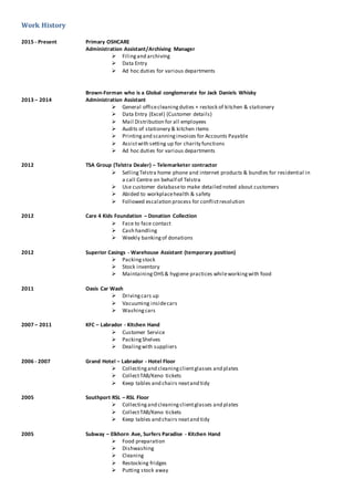Work History
2015 - Present Primary OSHCARE
Administration Assistant/Archiving Manager
 Filingand archiving
 Data Entry
 Ad hoc duties for various departments
Brown-Forman who is a Global conglomerate for Jack Daniels Whisky
2013 – 2014 Administration Assistant
 General officecleaningduties + restock of kitchen & stationery
 Data Entry (Excel) (Customer details)
 Mail Distribution for all employees
 Audits of stationery & kitchen items
 Printingand scanninginvoices for Accounts Payable
 Assistwith setting up for charity functions
 Ad hoc duties for various departments
2012 TSA Group (Telstra Dealer) – Telemarketer contractor
 SellingTelstra home phone and internet products & bundles for residential in
a call Centre on behalf of Telstra
 Use customer databaseto make detailed noted about customers
 Abided to workplacehealth & safety
 Followed escalation process for conflictresolution
2012 Care 4 Kids Foundation – Donation Collection
 Face to face contact
 Cash handling
 Weekly bankingof donations
2012 Superior Casings - Warehouse Assistant (temporary position)
 Packingstock
 Stock inventory
 MaintainingOHS & hygiene practices whileworkingwith food
2011 Oasis Car Wash
 Drivingcars up
 Vacuuming insidecars
 Washingcars
2007 – 2011 KFC – Labrador - Kitchen Hand
 Customer Service
 PackingShelves
 Dealingwith suppliers
2006 - 2007 Grand Hotel – Labrador - Hotel Floor
 Collectingand cleaningclientglasses and plates
 CollectTAB/Keno tickets
 Keep tables and chairs neatand tidy
2005 Southport RSL – RSL Floor
 Collectingand cleaningclientglasses and plates
 CollectTAB/Keno tickets
 Keep tables and chairs neatand tidy
2005 Subway – Elkhorn Ave, Surfers Paradise - Kitchen Hand
 Food preparation
 Dishwashing
 Cleaning
 Restocking fridges
 Putting stock away
 