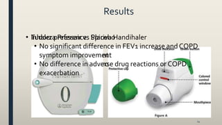 Results
24
• Tudorza Pressair vs Placebo
• There was a significant difference in FEV1 increase and
COPD symptom improvement
• Tudorza Pressair vs Spiriva Handihaler
• No significant difference in FEV1 increase and COPD
symptom improvement
• No difference in adverse drug reactions or COPD
exacerbation
• Inhaler preference
 