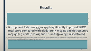 Results
• tiotropium/olodaterol 5/5 mcg qd significantly improved both primary end points and 24 weeks compared with mono-components (FEV1= 85 and 60
mL for olodaterol 5 mcg qd and tiotropium 5 mcg qd, respectively [all p<0.001]
• tiotropium/olodaterol 5/5 mcg qd significantly improvedTDI score at week 24 compared with mono-components (0.42 units [p<0.005] and 0.36 units
[p<0.05] vs olodaterol 5 mcg qd and tiotropium 5 mcg qd, respectively
• tiotropium/olodaterol 5/5 mcg qd significantly improved SGRQ
total score compared with olodaterol 5 mcg qd and tiotropium 5
mcg qd (1.7 units [p<0.01] and 1.2 units [p<0.05], respectively)
• tiotropium/olodaterol 5/5 mcg qd reduced the weekly mean daily (24 h) rescue medication use vs the mono-components throughout the 52 week
treatment, but no values or statistical analysis has been reported
63
 