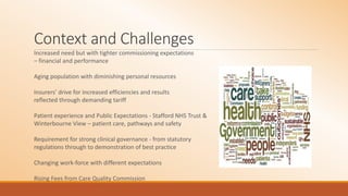 Context and Challenges
Increased need but with tighter commissioning expectations
– financial and performance
Aging population with diminishing personal resources
Insurers’ drive for increased efficiencies and results
reflected through demanding tariff
Patient experience and Public Expectations - Stafford NHS Trust &
Winterbourne View – patient care, pathways and safety
Requirement for strong clinical governance - from statutory
regulations through to demonstration of best practice
Changing work-force with different expectations
Rising Fees from Care Quality Commission
 