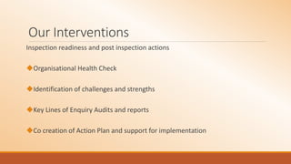 Our Interventions
Inspection readiness and post inspection actions
Organisational Health Check
Identification of challenges and strengths
Key Lines of Enquiry Audits and reports
Co creation of Action Plan and support for implementation
 