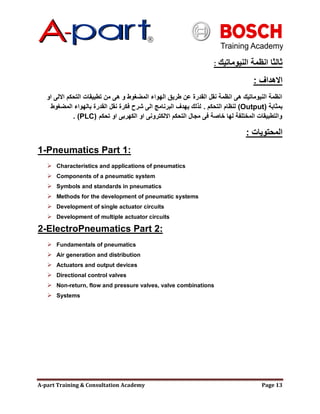 A-part Training & Consultation Academy Page 13
‫النيوماتيك‬ ‫انظمة‬ ‫ثالثا‬:
‫االهداف‬:
‫او‬ ‫االلى‬ ‫التحكم‬ ‫تطبيقات‬ ‫من‬ ‫هى‬ ‫و‬ ‫المضغوط‬ ‫الهواء‬ ‫طريق‬ ‫عن‬ ‫القدرة‬ ‫نقل‬ ‫انظمة‬ ‫هى‬ ‫النيوماتيك‬ ‫انظمة‬
‫بمثابة‬(Output)‫التحكم‬ ‫لنظام‬.‫المضغوط‬ ‫بالهواء‬ ‫القدرة‬ ‫نقل‬ ‫فكرة‬ ‫شرح‬ ‫الى‬ ‫البرنامج‬ ‫يهدف‬ ‫لذلك‬
‫تحكم‬ ‫او‬ ‫الكهربى‬ ‫او‬ ‫االلكترونى‬ ‫التحكم‬ ‫مجال‬ ‫فى‬ ‫خاصة‬ ‫لها‬ ‫المختلفة‬ ‫والتطبيقات‬(PLC).
‫المحتويات‬:
1-Pneumatics Part 1:
 Characteristics and applications of pneumatics
 Components of a pneumatic system
 Symbols and standards in pneumatics
 Methods for the development of pneumatic systems
 Development of single actuator circuits
 Development of multiple actuator circuits
2-ElectroPneumatics Part 2:
 Fundamentals of pneumatics
 Air generation and distribution
 Actuators and output devices
 Directional control valves
 Non-return, flow and pressure valves, valve combinations
 Systems
 