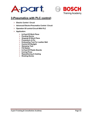 A-part Training & Consultation Academy Page 14
3-Pneumatics with PLC control:
 Electric Control Circuit
 Advanced Electro-Pneumatics Control Circuit
 Operation Of control Circuit With PLC
 Application:
 In-Feed Of Work Piece
 Pending Device
 Shaping Of Work Piece
 Pressing In A Pin
 Embossing Tool For Leather Belt
 Control Of Skylight
 Stamping Tool
 Fill Station
 In-Feed Of Plastic Boards
 Ironing Press
 Repositioning A Casting
 Riveting Device
 
