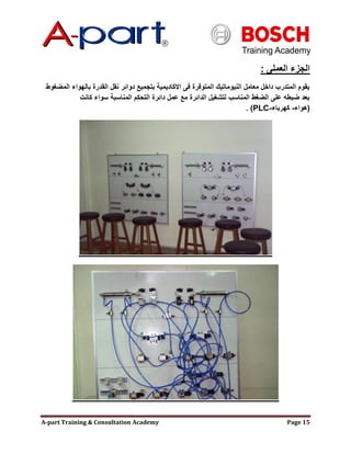 A-part Training & Consultation Academy Page 15
‫العملى‬ ‫الجزء‬:
‫المضغوط‬ ‫بالهواء‬ ‫القدرة‬ ‫نقل‬ ‫دوائر‬ ‫بتجميع‬ ‫االكاديمية‬ ‫فى‬ ‫المتوفرة‬ ‫النيوماتيك‬ ‫معامل‬ ‫داخل‬ ‫المتدرب‬ ‫يقوم‬
‫كانت‬ ‫سواء‬ ‫المناسبة‬ ‫التحكم‬ ‫دائرة‬ ‫عمل‬ ‫مع‬ ‫الدائرة‬ ‫لتشغيل‬ ‫المناسب‬ ‫الضغط‬ ‫على‬ ‫ضبطه‬ ‫بعد‬
(‫هواء‬-‫كهرباء‬-PLC. )
 
