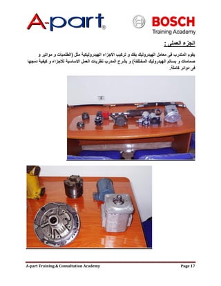 A-part Training & Consultation Academy Page 17
‫العملى‬ ‫الجزء‬:
‫مثل‬ ‫الهيدروليكية‬ ‫االجزاء‬ ‫تركيب‬ ‫و‬ ‫بفك‬ ‫الهيدروليك‬ ‫معامل‬ ‫فى‬ ‫المتدرب‬ ‫يقوم‬(‫و‬ ‫مواتير‬ ‫و‬ ‫الطلمبات‬
‫المختلفة‬ ‫الهيدروليك‬ ‫بساتم‬ ‫و‬ ‫صمامات‬)‫دمجها‬ ‫كيفية‬ ‫و‬ ‫لالجزاء‬ ‫االساسية‬ ‫العمل‬ ‫نظريات‬ ‫المدرب‬ ‫يشرح‬ ‫و‬
‫كاملة‬ ‫دوائر‬ ‫فى‬.
 