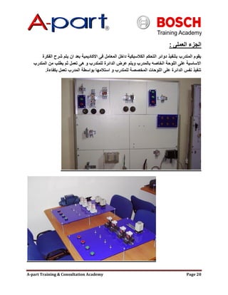 A-part Training & Consultation Academy Page 20
‫العملى‬ ‫الجزء‬:
‫الفكرة‬ ‫شرح‬ ‫يتم‬ ‫ان‬ ‫بعد‬ ‫االكاديمية‬ ‫فى‬ ‫المعامل‬ ‫داخل‬ ‫الكالسيكية‬ ‫التحكم‬ ‫دوائر‬ ‫بتنفيذ‬ ‫المتدرب‬ ‫يقوم‬
‫المتدرب‬ ‫من‬ ‫يطلب‬ ‫ثم‬ ‫تعمل‬ ‫هى‬ ‫و‬ ‫للمتدرب‬ ‫الدائرة‬ ‫عرض‬ ‫ويتم‬ ‫بالمدرب‬ ‫الخاصه‬ ‫اللوحة‬ ‫على‬ ‫االساسية‬
‫بكفاءة‬ ‫تعمل‬ ‫المدرب‬ ‫بواسطة‬ ‫استالمها‬ ‫و‬ ‫للمتدرب‬ ‫المخصصة‬ ‫اللوحات‬ ‫على‬ ‫الدائرة‬ ‫نفس‬ ‫تنفيذ‬.
 